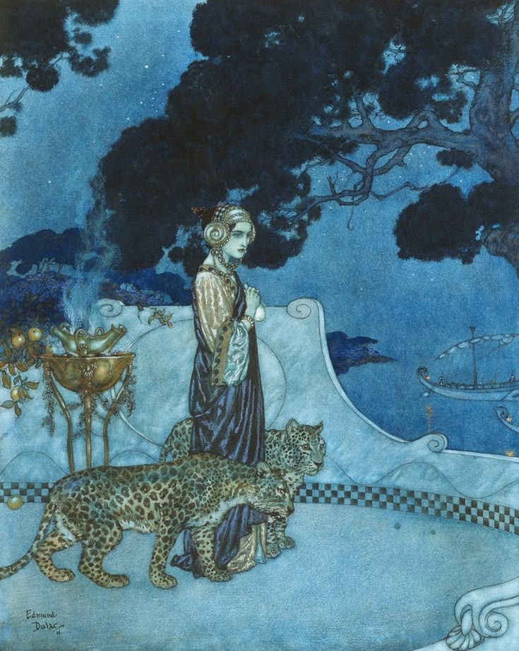 Illustration by Edmund Dulac: Circe with her leopards