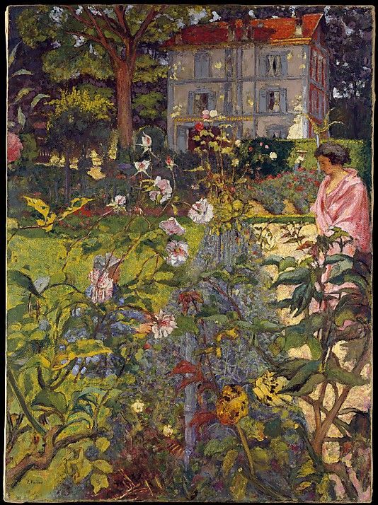Painting of a garden in bloom with a figure walking through it
