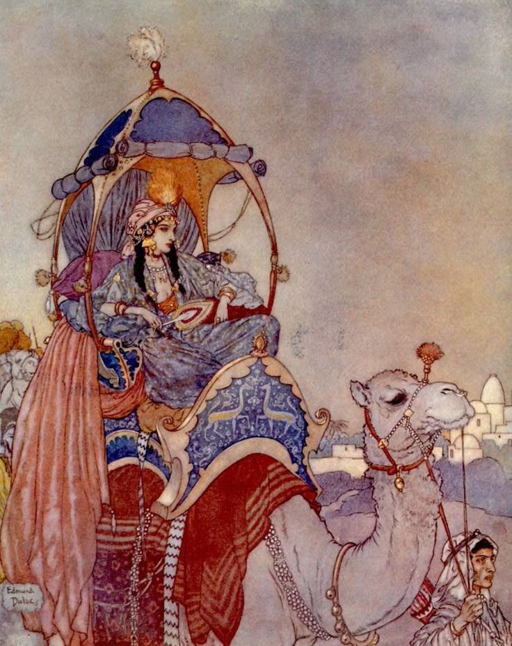Illustration by Edmund Dulac: a figure in a litter crossing the desert