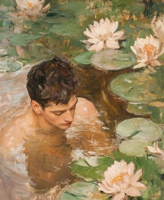 Painting of a figure immersed in a pond of water lilies